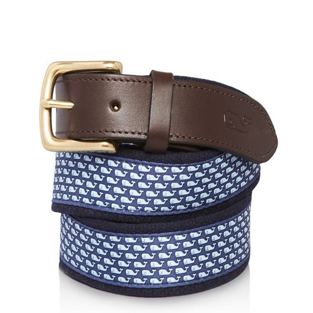 Vineyard Vines Blue Whale Canvas Club Golf Belt 36 USA Preppy Leather Men Brown